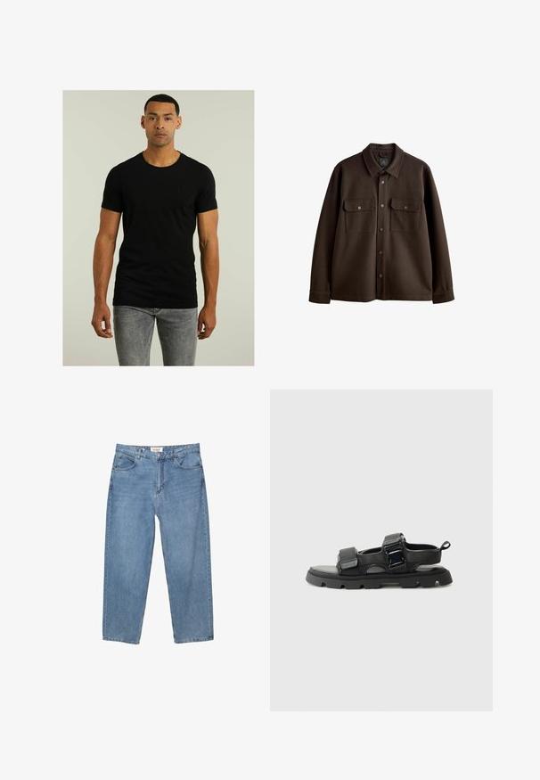 Brązowa kurtka z guzikami, z kołnierzem, dwoma kieszeniami na piersi i zatrzaskami; wykonana z miękkiego materiału o gładkiej teksturze.; Czarny T-shirt z krótkim rękawem, okrągłym dekoltem i subtelnym logo o teksturze na piersi; zestawiony z jasnoszarymi dżinsami. Prosty wzór.; Jasnoniebieskie dżinsy o prostym kroju nogawki, pięć kieszeni, z widoczną metką marki na pasku.; Czarne sandały z teksturowaną cholewką, szerokimi paskami, metalowymi klamrami i grubą gumową podeszwą z bieżnikiem.