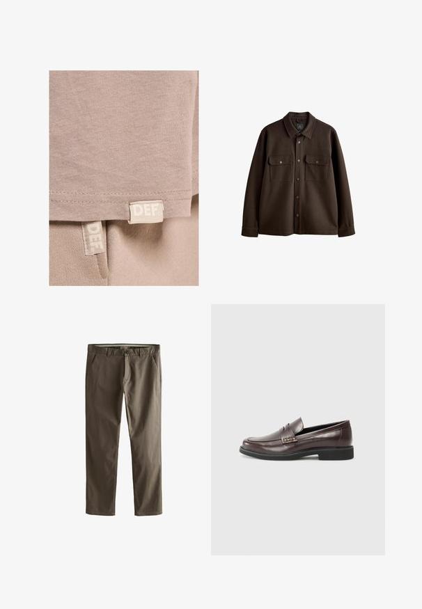 Ruskea, nappikiinnitteinen takki, jossa on kaulus, kaksi rintataskua ja nepparikiinnitykset; valmistettu pehmeästä kankaasta, jossa on sileä rakenne.; Vaaleanbeige puuvillainen t-paita, jossa on pehmeä koostumus, suora helma ja kaksi näkyvää etikettiä ommeltuna alaosaan, merkitty "DEF."; Ruskeat puuvillachinot, suoranlahkeiset, etutaskut ja nappikiinnitys. Ominaisuuksina sileä pinta ja siistit linjat.; Ruske nahkasaappaat sileällä pinnalla, joissa on hienovarainen tikkaus yksityiskohtana yläpinnassa ja musta kumipohja.