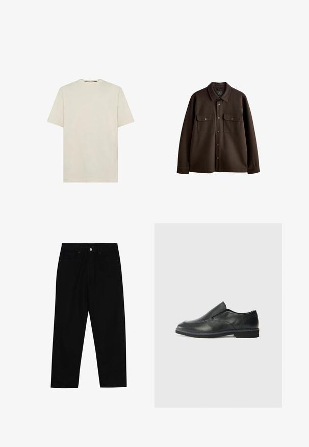 Brūna, pogājama jaka ar apkakli, divām krūšu kabatām un pogām ar sprādzi; izgatavota no mīkstas auduma ar gludu tekstūru.; Gai beizs kokvilnas T-krekls ar klasisku apaļu kakla izgriezumu un īsām piedurknēm. Vienkāršs, neizgreznotais dizains. Mīksta auduma tekstūra, regulāra piegriezuma.; Melni džinsi ar taisnu kāju griezumu, piecu kabatu dizainu un priekšēju pogu aizdari. Gluda tekstūra ar minimālu šuvju detaļu skaitu.; Melnas ādas slip-on kurpes ar gludu augšdaļu, izšūtām akcentiem, noapaļotu purngala daļu un zemu gumijas papēdi. Zole ar minimālu rakstu.