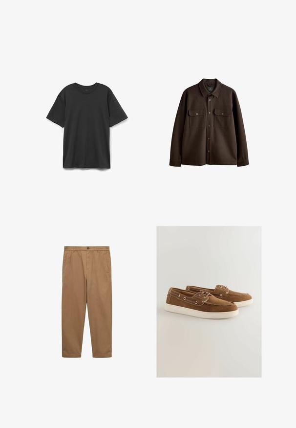 Brązowa kurtka z guzikami, z kołnierzem, dwoma kieszeniami na piersi i zatrzaskami; wykonana z miękkiego materiału o gładkiej teksturze.; Czarny t-shirt z krótkim rękawem, wykonany z bawełny, z okrągłym dekoltem, luźnym krojem i gładką teksturą, bez wzorów czy akcentów.; Brązowe bawełniane chinosy o prostym kroju, z dwiema bocznymi kieszeniami, z zapięciem na guzik i gładką teksturą. Średni stan i zwężane nogawki.; Brązowe zamszowe buty z białą gumową podeszwą, zawiązywane, z metalowymi oczkami i kontrastowym przeszyciem wzdłuż krawędzi.