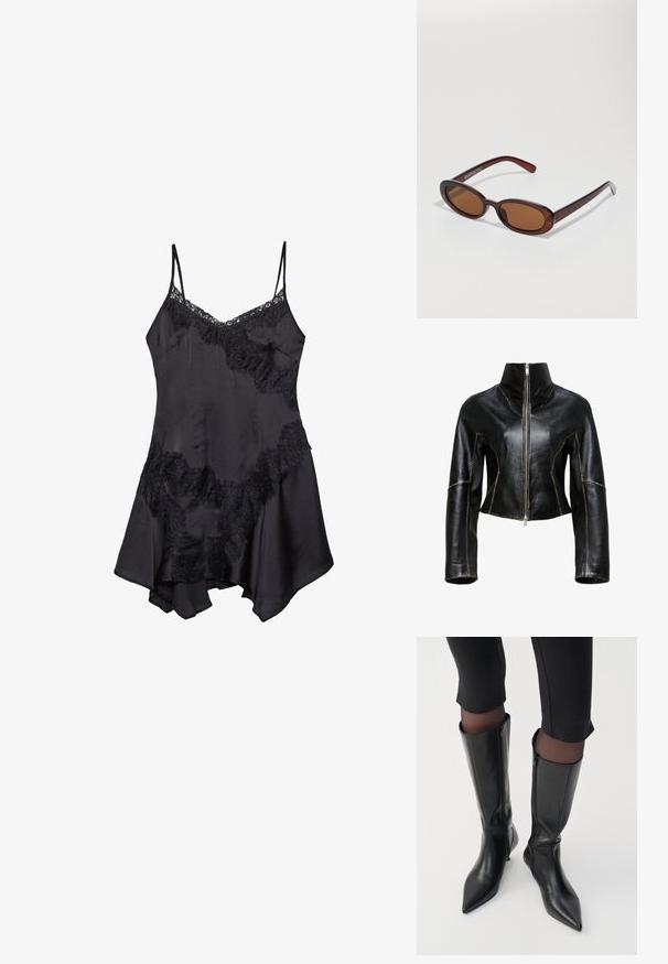 Svart läderkort jacka med hög krage, framzipper-låsning och kontrasterande beige sömmar längs sömmarna.; Svart satin slipklänning med spetsdetaljer, som har justerbara spaghettiarmband och en utsvängd nederkant, mjuk textur och dekorativa volanger.; Svarta läderknästövlar med spetstå och dragkedjedetaljer, som har en stilren design och glänsande yta.; Runda, bruntonade solglasögon med en glansig bordeauxfärgad ram. Smala bågar med subtilt varumärkesdetalj. Platt linsdesign.; Brun läderclutch med metallaccent i guld på initialerna. Har en stilren rektangulär form och en vikbar klaffdesign.