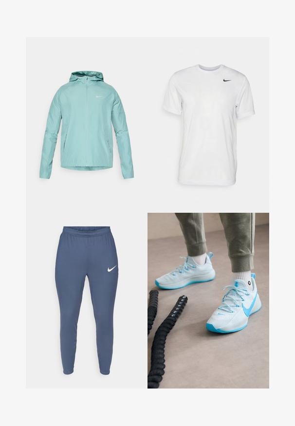 Jachetă Nike de culoare verde deschis, cu glugă, fermoar frontal și buzunare laterale. Textură netedă și design ajustat, cu un logo reflectorizant pe piept.; Tricou alb cu mâneci scurte, realizat dintr-un material neted. Are guler rotund și un mic logo Nike negru pe partea stângă a pieptului.; Pantaloni de trening Nike de culoare bleumarin închis, cu talie elastică, picioare conice și un logo alb pe coapsa stângă. Textură moale și netedă.; Pantofi sport de culoare albastru deschis, cu material texturat, șireturi proeminente și o talpă cu model. Purtați cu pantaloni de trening gri și șosete albe.