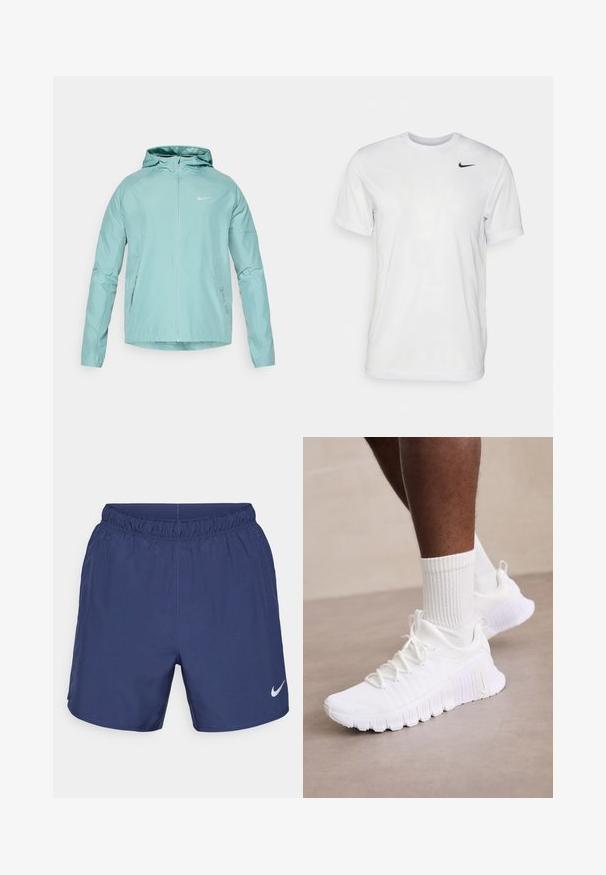 Ljusgrön Nike-jacka med huva, dragkedja fram och sidofickor. Slät textur och åtsittande design, med en reflekterande logotyp på bröstet.; Vit t-shirt med kort ärm i mjukt tyg. Har en rund hals och en liten svart Nike-logotyp på vänster bröst.; Marinblå idrottsshorts tillverkade av lättviktigt tyg. Har en elastisk midja och en liten vit Nike-logotyp på nedersta vänstra sidan.; Vita atletiska skor med texturerad ovandel, vadderad krage och flexibel sula; kompletterat med vita ribbade strumpor.
