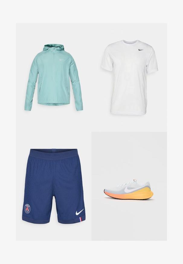 Világoszöld Nike dzseki kapucnival, cipzáros elülső résszel és oldalsó zsebekkel. Sima textúrájú és testhezálló dizájn, melyen fényvisszaverő logó található a melle részen.; Fehér, rövid ujjú póló, sima anyagból készült. Kerek nyakkivágással és egy kis fekete Nike logóval rendelkezik a bal mellen.; Sötétkék sportnadrág, texturált anyagból, Nike logóval, Párizs emblémával és piros-kék-fehér díszítéssel az alján.; világoskék futócipő, légáteresztő hálós felsőrésszel. Fehér pipa, narancssárga és sárga középtalp, és fekete talp a tapadásért.