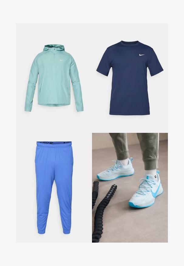 Casaco Nike verde claro com capuz, fecho de correr à frente e bolsos laterais. Textura suave e design ajustado, apresentando um logotipo refletor no peito.; T-shirt Nike azul-marinho feito de um tecido suave, com mangas curtas, gola redonda e um pequeno logótipo branco no canto superior esquerdo do peito.; Calças atléticas masculinas em azul, feitas de um tecido leve, com um cós elástico com um logótipo preto e punhos ajustados nos tornozelos.; Ténis de desporto azul claro com material texturizado, atacadores proeminentes e uma sola estampada. Usados com calças de moletão cinzentas e meias brancas.