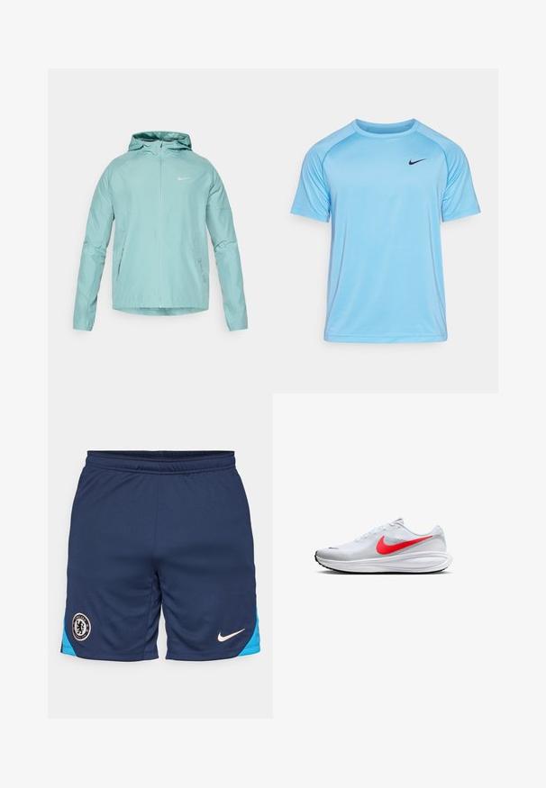 Hellgrüne Nike-Jacke mit Kapuze, Reißverschluss vorne und Seitentaschen. Glatte Textur und figurschmeichelndes Design, mit reflektierendem Logo auf der Brust.; Hellblaues kurzärmeliges Sporthemd aus atmungsaktivem Material mit rundem Halsausschnitt und schwarzem Nike-Logo auf der Brust.; Dunkelblaue Sportshorts mit hellblauen Akzenten, elastischem Bund, atmungsaktivem Stoff, Chelsea FC-Logo und Nike-Swoosh in heller Farbe.; Weiße Mesh-Laufschuhe mit einem roten Nike-Swoosh, ausgestattet mit einer gepolsterten Sohle, runder Zehenpartie und Schnürsystem. Schwarze Gummisohle für besseren Halt.