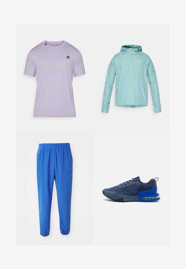 Lichtgroene Nike-jack met een capuchon, rits aan de voorkant en zijzakken. Glad textuur en een aansluitend ontwerp, met een reflecterend logo op de borst.; Lichtpaarse sportt-shirt van glad materiaal. Voorzien van een zwart logo op de borst en contrasterende strepen op de kraag. Korte mouwen.; Blauwe sportieve broek met elastische tailleband, recht gesneden pijpen en taps toelopende boorden. Bevat het Nike-logo in het goud aan de linkerzijde.; Nike hardloopschoen in donkerblauw en lichtblauw, met een bovenwerk van mesh, versterkte neus en zichtbare luchtkussens in de hiel.