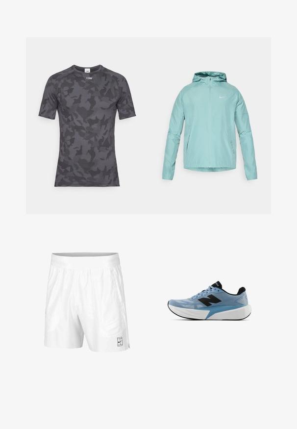 Svetlozelená bunda Nike s kapucňou, so zipsom vpredu a bočnými vreckami. Hladký materiál a priliehavý strih, so reflexným logom na hrudi.; Krátky rukáv, priliehavé tričko v tmavosivej farbe s maskáčovým vzorom. Vyrobené z hladkého, elastického materiálu s jemnými textúrnymi detailmi.; Biele športové šortky z ľahkej tkaniny s elastickým pásom, obsahujúce dve bočné vrecká a malé čierne logo na leme.; Svetlo modrá bežecká obuv s čiernym logom, hrubou bielou podrážkou a čiernym vnútorným podšitím, zobrazená z boku na bielom pozadí.