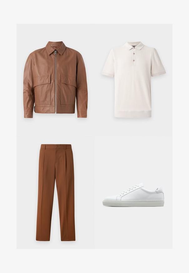 Brown leather jacket with a collar, front zipper, and two large flat pockets. Smooth texture and slightly cropped design.; Short-sleeve polo shirt in light beige, textured material with a collar and three button placket; ribbed detailing at sleeves and hem.; Brown trousers with a smooth, matte texture, featuring a pleated front and straight legs. Made from lightweight, breathable fabric.; White sneaker with a smooth leather upper and a low profile. Features a rounded toe, six eyelets, and a textured rubber sole.