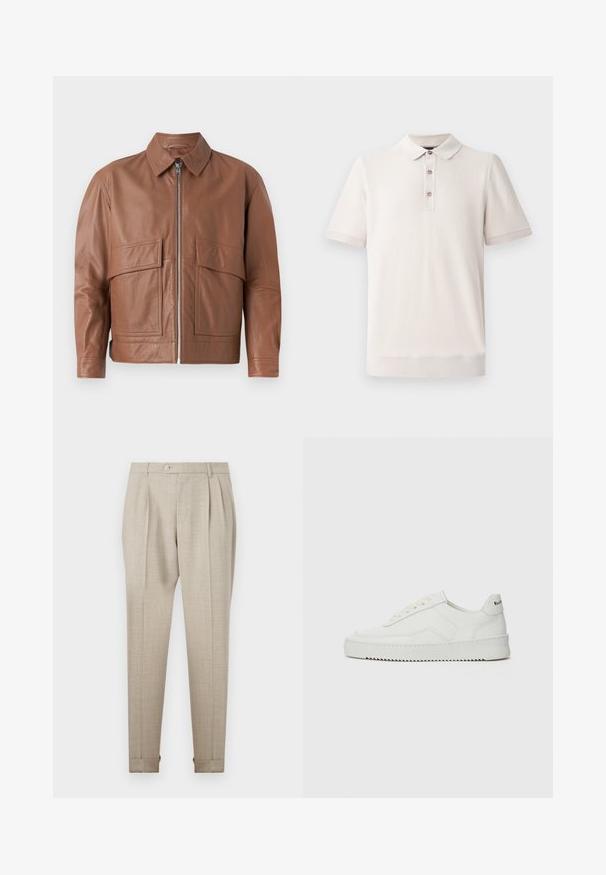 Braune Lederjacke mit Kragen, vorderem Reißverschluss und zwei großen flachen Taschen. Glatte Textur und leicht verkürztes Design.; Kurzärmliges Poloshirt in hellbeige, aus strukturiertem Material mit Kragen und drei Knöpfen; gerippte Details an den Ärmeln und dem Saum.; Beige Plissee-Hosen mit glatter Textur, ausgestattet mit einem frontalen Knopfverschluss und umgeschlagenen Säumen. Maßgeschneiderte Passform und gerades Beindesign.; Weiße Ledersneaker mit glatter Oberfläche, runder Zehenpartie, flachen Schnürsenkeln und strukturiertem Sohlenprofil. Mit einem dezenten Logo an der Ferse.