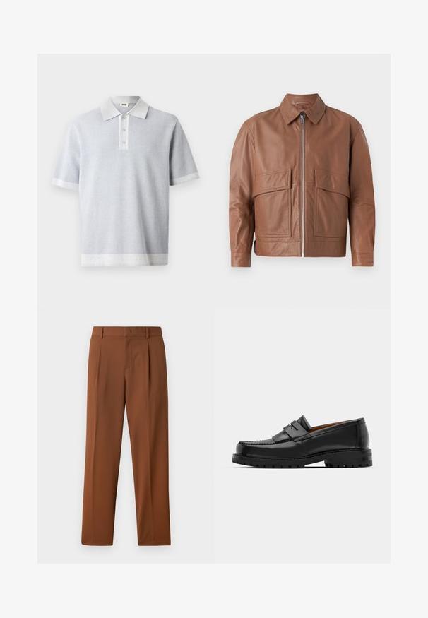 Brun läderjacka med krage, framdragkedja och två stora platta fickor. Slät textur och något kortad design.; Ljusgrå pikétröja med ett strukturerat mönster, korta ärmar och en kontrasterande vit krage och fåll. Treknappslåset framtill.; Bruna byxor med en slät, matt textur, med en plisserad front och raka ben. Tillverkade av lätt, andningsbart tyg.; Svarta läderloafers har en upphöjd söm, två dekorativa remmar på ovansidan och en tjock texturerad sula för ökat grepp.