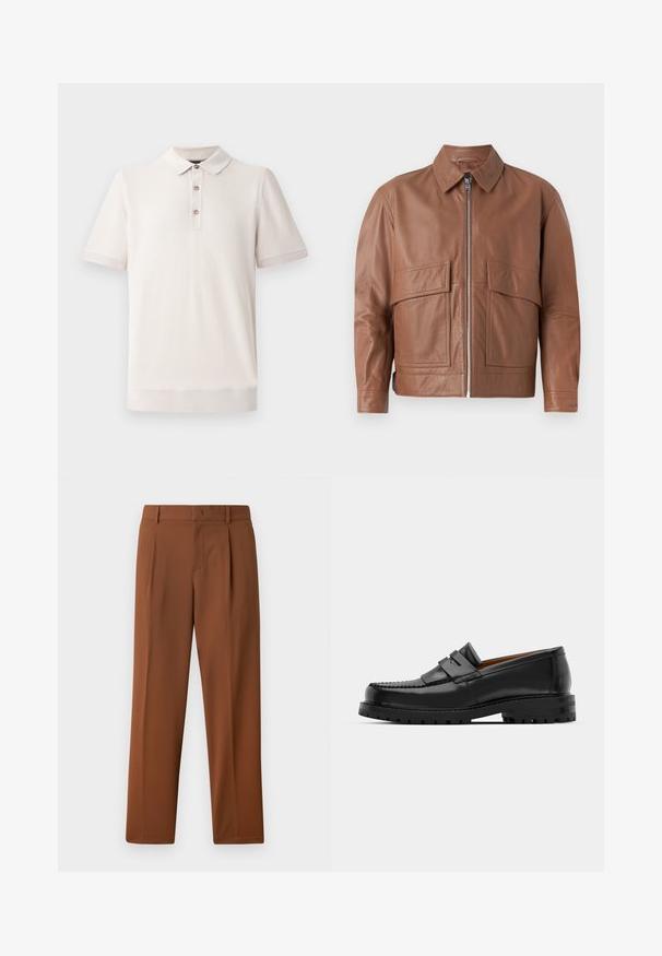 Jaqueta de couro castanha com colarinho, fecho frontal e dois grandes bolsos planos. Textura suave e design ligeiramente encurtado.; Camisa polo de manga curta em bege claro, com material texturizado, colarinho e pala de três botões; detalhes canelados nas mangas e na bainha.; Calças castanhas com uma textura suave e mate, apresentando um frente pregueada e pernas retas. Feitas de um tecido leve e respirável.; Os mocassins de couro preto apresentam uma costura elevada, duas tiras decorativas na parte superior e uma sola grossa e texturizada para maior aderência.