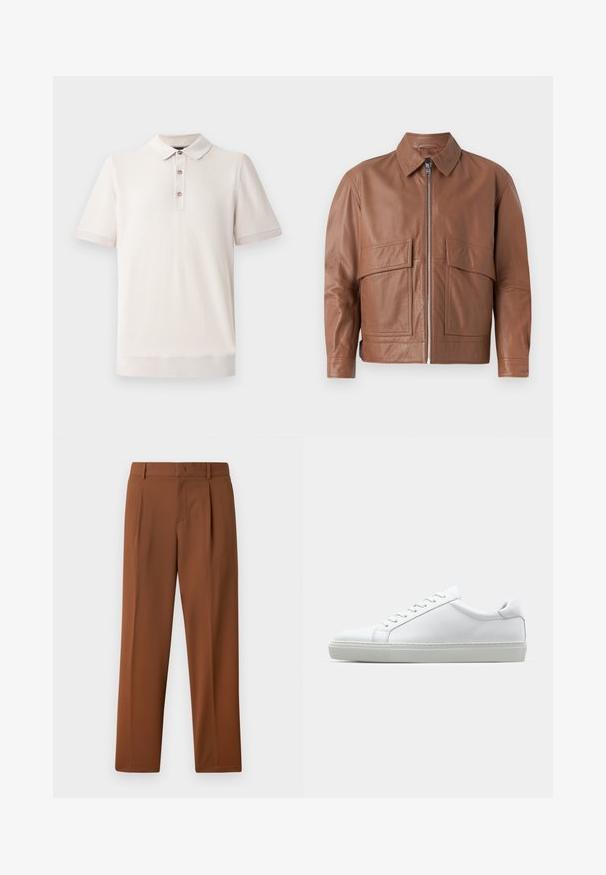 Ruskea nahkatakki, jossa on kaulus, etuvetoketju ja kaksi suurta litteää taskua. Sileä rakenne ja hieman lyhennetty muotoilu.; Lyhythihainen polo-paita vaaleanbeige värissä, teksturoidusta materiaalista, jossa on kaulus ja kolme napin rei'itä; resoriyksityiskohtia hihoissa ja helmassa.; Ruskeat housut, joissa on sileä, mattapintainen rakenne, kanttin kärkki ja suorat lahkeet. Valmistettu kevyestä ja hengittävästä kankaasta.; Valkoinen tennari, jossa on sileä nahkapäällinen ja matala profiili. Ominaisuuksiin kuuluu pyöreä kärki, kuusi rei'itystä ja teksturoitu kumipohja.