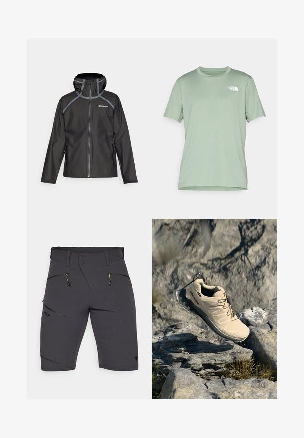 Fekete vízálló kabát kapucnival, kontrasztos szürke részletekkel és elől cipzárral. Zártszalagos varratokkal és állítható mandzsettákkal rendelkezik.; Világoszöld, rövid ujjú póló, puha anyagból; a bal felső oldalon fehér logó található; kerek, crew nyakú.; Dynafit TRANSALPER - Szabadtéri rövidnadrágok - black out; Barna Salomon terepfutó cipő a levegőben, sziklás kültéri táj felett, ahol szórványosan fű és apró kövek találhatók.