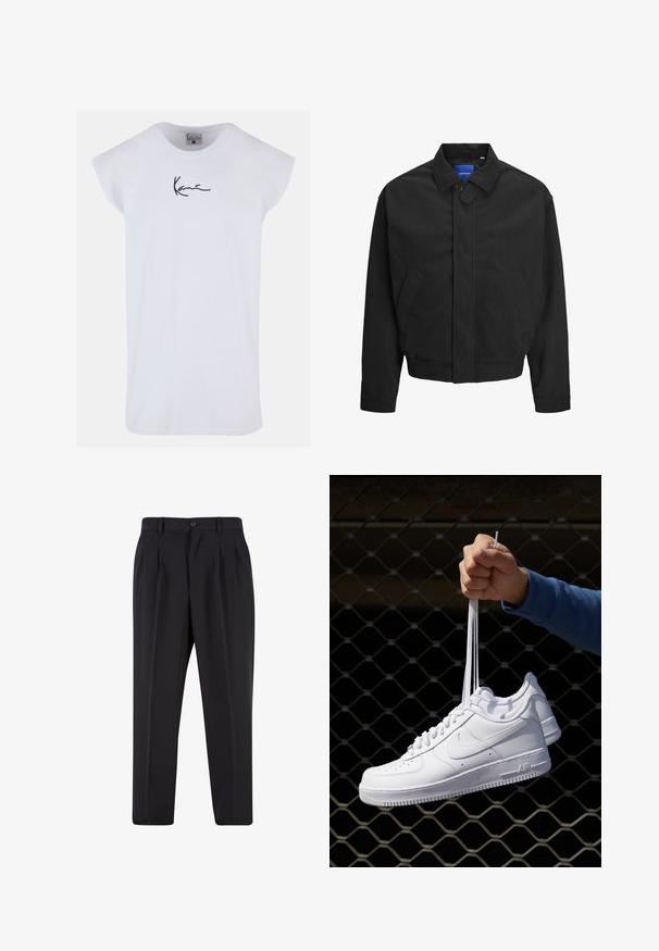 Zwarte corduroy jas met een knoopsluiting aan de voorkant, twee zijzakken en een puntkraag. Heeft een ribbelstructuur en een kortere zoom.; Karl Kani SMALL SIGNATURE TEE - Top - white; Zwarte broek met een geplooid design aan de voorkant, gemaakt van soepel stof. Voorzien van een knoopsluiting en riemlussen; rechte pasvorm.; Witte leren sneakers met perforaties, ronde neus, vlakke zool en dikke veters, met een zichtbare swoosh-logo en "AIR" op de hiel.