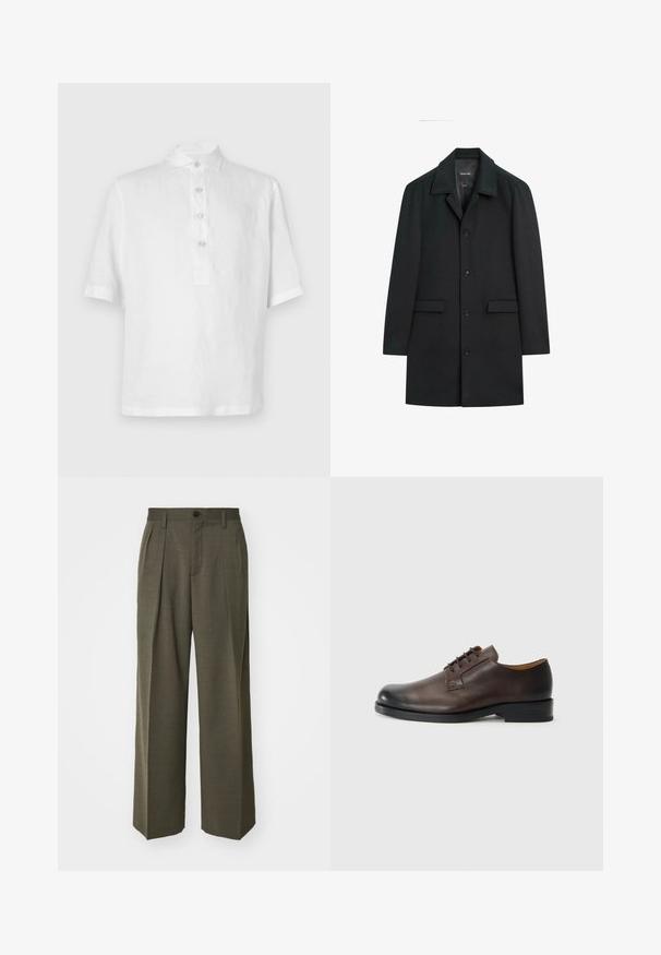 Sort uldfrakke med en struktureret silhuet, stort krave, lukning med knapper foran, to sidelommer og ingen synlige mønstre eller accenter.; Hvid kortærmet polo-shirt lavet af linned. Har en knaplukning, en traditionel krave og en afslappet pasform. Glat, let tekstur.; Filippa K WIDE TROUSERS - Bukser - driftwood; Brun lædersko med rund tå, lav hæl, snørebåndsdesign og glat overflade. Har minimal syning og en poleret finish.