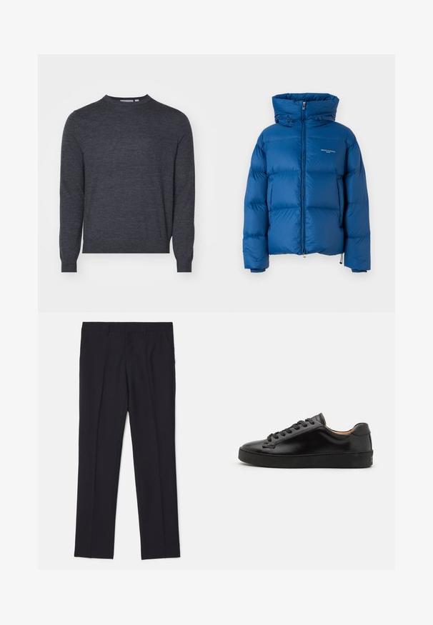 Plava zimska jakna s visokim ovratnikom, zatvaranjem na patentni zatvarač i detaljima svezanja. Ima kviltane dijelove i minimalno brendiranje.; Tiger of Sweden CONNOR - Vesta - grey street; Crne krojene hlače od glatkog materijala, s dva bočna džepa, ravnog kroja i bez vidljivih uzoraka ili akcenata.; Crne kožne tenisice s glatkom završnom obradom, okruglim vrhom i crnim vezicama. Imaju minimalno brendiranje na peti i gumeni potplat.