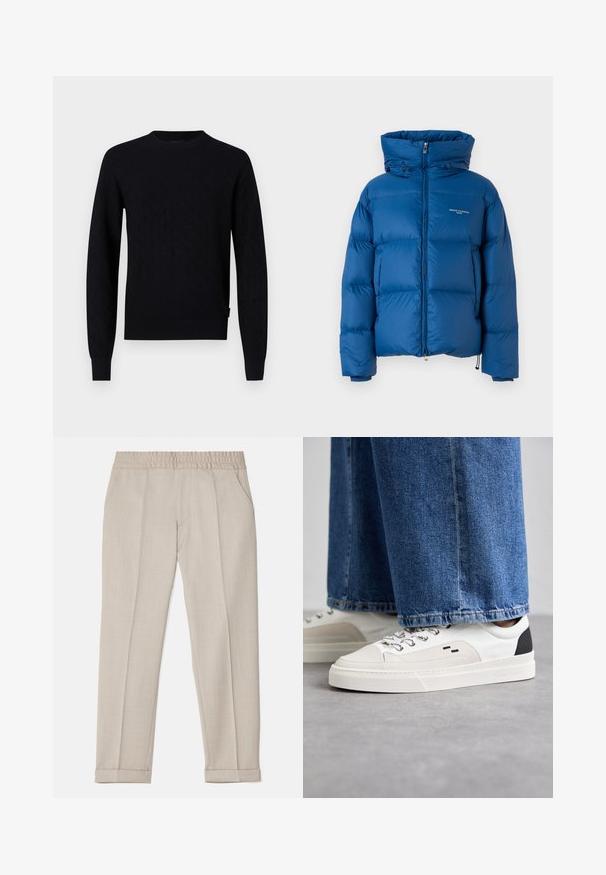 Blue puffer jacket with a high collar, zip closure, and drawstring accents. Features quilted sections and minimal branding.; Black knitted sweater with a diamond pattern, crew neck, long sleeves, and ribbed cuffs and hem. Made from a soft, textured fabric.; Filippa K TERRY CROPPED TROUSERS - Trousers - sage melange; White and black sneakers with a smooth leather upper, textured accents, and a chunky white sole. Features a classic lace-up design.