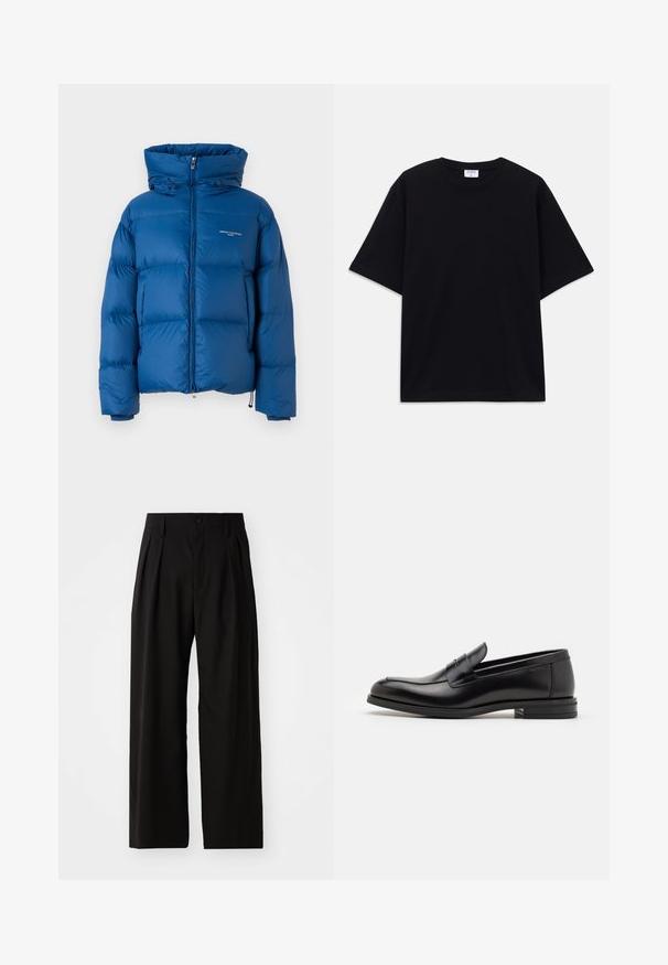 Giacca a vento blu con colletto alto, chiusura con zip e dettagli con cordino. Presenta sezioni trapuntate e un branding minimale.; T-shirt oversize nera a maniche corte con scollatura rotonda e etichetta del marchio Filippa K visibile all'interno del colletto.; Pantaloni neri a gamba larga con una superficie liscia, dotati di due pinces frontali, chiusura con bottone e tasche laterali. Tessuto resistente.; Mocassini neri in pelle con una texture liscia, punta arrotondata e una striscia decorativa sulla tomaia. Tacco basso impilato, design minimalista.