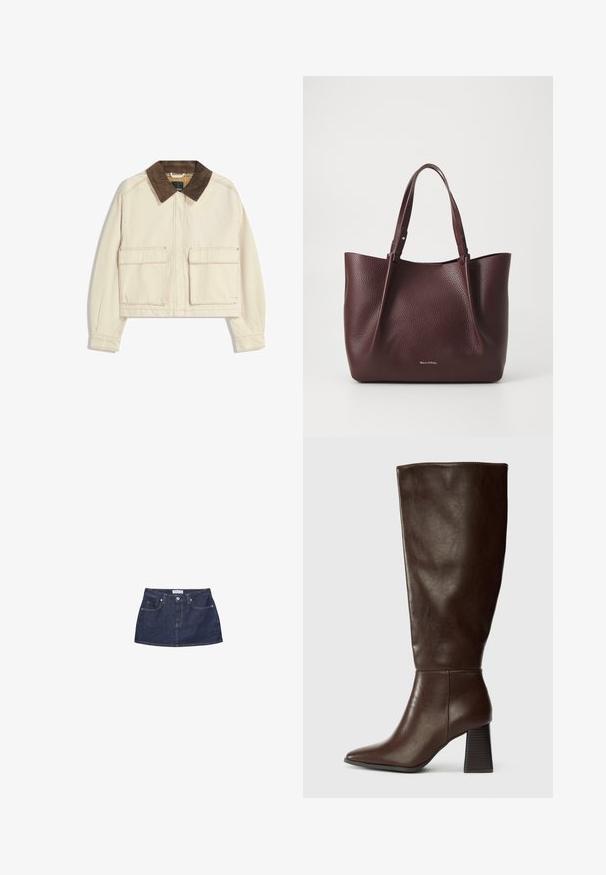 Lyhyempi takki vaaleasta puuvillasta, jossa on ruskea cordura-kaulus. Tässä takissa on kaksi etupussitaskua ja näkyviä ompeluyksityiskohtia.; Punainen lyhythihainen polo-paita, jossa on valkoisia vaakasuoria raitoja ja kolme valkoista nappia edessä.; Tummansininen farkkuhame, jossa on istuva vyötärö, etupockets ja metallinappikiinnitys. Sujuva pinta ja klassinen leikkaus.; Ruske kožne čizme do kolena s šiljastim prstom i debelim teksturiranim potplatom. Glatka završna obrada s minimalnim detaljima šivanja.; Burgundin värinen nahkainen kassi, jossa on teksturoitu pinta, kaksi kahvaa, avoin yläosa ja hienovarainen logotikkaus pohjassa. Tilava ja minimalistinen muotoilu.