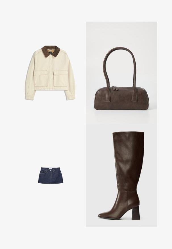 Korth jacket i beige bomull med en brun manchesterkrage, som har två framfickor och synliga sömnadsdetaljer.; Röd kortärmad polo med vita horisontella ränder och tre vita knappar fram.; Jeansminikjol i mörkblått med en figurnära midja, framfickor och stängning med metallknapp. Slät textur och klassisk skärning.; Brun läderknähög stövel med spetsig tå och kraftig texturerad klack. Slät finish med minimal sömnadsdetalj.; Brun läderhandväska med två stadiga handtag, rektangulär form, slät yta och dragkedjestängning. Minimalistisk design utan synliga mönster.