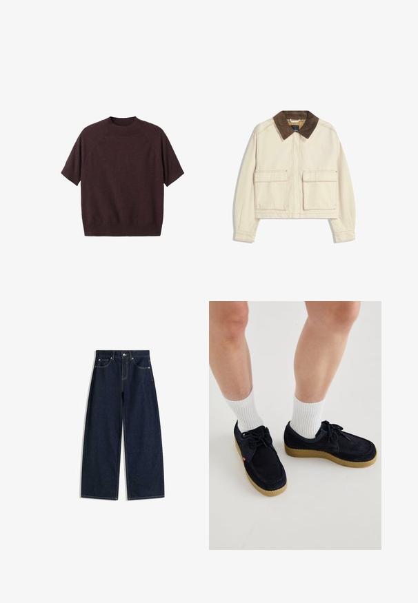 Zkrácená bunda z béžové bavlny s hnědým kordovým límcem, která má dvě přední kapsy a viditelné šití.; Svetr s krátkým rukávem v tmavě burgundské pletenině. Má žebrovaný kulatý výstřih a volný střih, s raglánovými rukávy a hladkou strukturou.; Tmavě modré džínové kalhoty širokých nohavic s předními kapsami, zapínáním na knoflíky a viditelným prošitím na bílém pozadí.; Námořnické modré semišové boty s kulatou špičkou, šněrovacím designem a krémovou gumovou podrážkou. V kombinaci s bílými žebrovanými ponožkami.