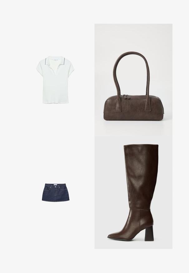 Beskåret jakke i beige bomuld med krave i brun fløjl, der har to forreste pashåndtasker og synlige syninger.; Hvid polo shirt med korte ærmer, ribbet tekstur, V-hals og kontrasterende sort kant langs kraven. Regular fit og glat stof.; Denim mini nederdel i mørkeblå med en tætsiddende talje, frontlommer og en metalknaplukning. Glat tekstur og klassisk snit.; Brune læderknæhøj støvle med spids tå og chunky tekstureret hæl. Glat finish med minimal sømdetaljer.; Brun lædertaske med to robuste håndtag, rektangulær form, glat tekstur og lynlås lukning. Minimalistisk design uden synlige mønstre.