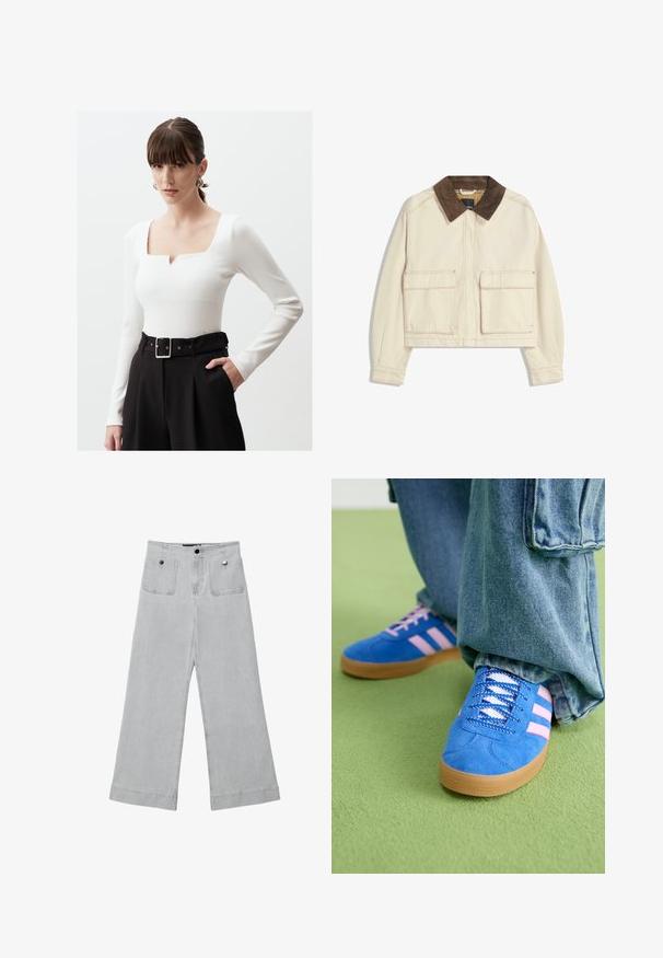 Korte jas van beige katoen met een bruine corduroy kraag, voorzien van twee voorzakken en zichtbare stiksels.; Jimmy Key STYLISH - Longsleeve - white; Wijdvallende broek in lichtgrijs denim, met twee voorzakken, metalen knoopsluitingen en een nette afwerking met omgezoomde randen.; Blauwe suède schoenen met roze strepen en witte veters, voorzien van een gumrubberen zool, gecombineerd met losse denim broek op een groene ondergrond.