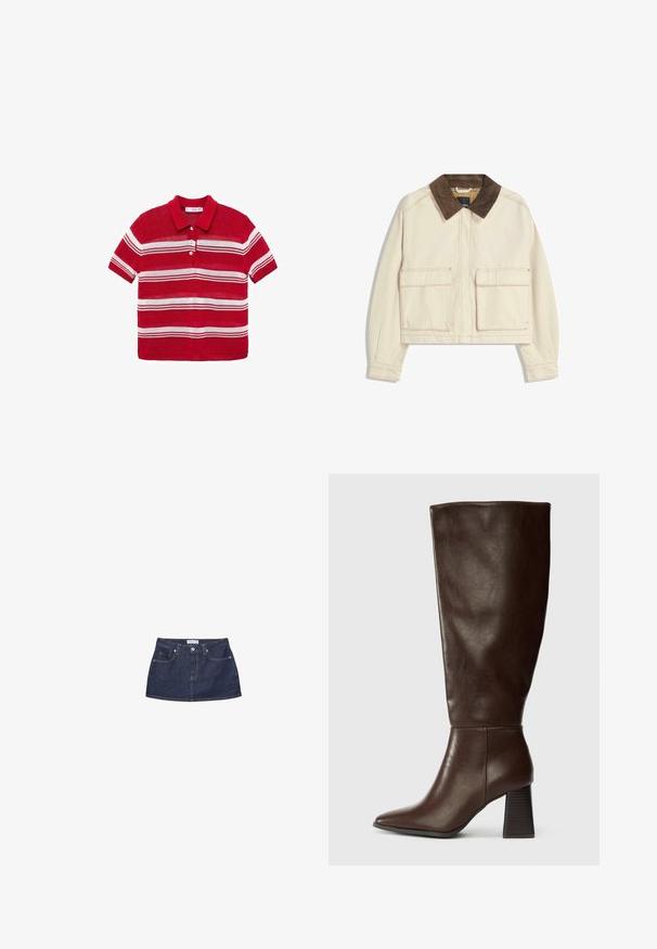 Korte jas van beige katoen met een bruine corduroy kraag, voorzien van twee voorzakken en zichtbare stiksels.; Rode polo shirt met korte mouwen, voorzien van witte horizontale strepen en drie witte knopen aan de voorkant.; Donkerblauwe denim minirok met een aansluitende taille, voorzakken en een metalen knoopsluiting. Gladde textuur en klassieke snit.; Bruine leren knie-hoge laars met een spitse neus en een chunky, gestructureerde hak. Gladde afwerking met minimale stiksel-details.