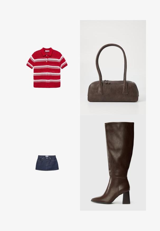 Lyhyempi takki vaaleasta puuvillasta, jossa on ruskea cordura-kaulus. Tässä takissa on kaksi etupussitaskua ja näkyviä ompeluyksityiskohtia.; Punainen lyhythihainen polo-paita, jossa on valkoisia vaakasuoria raitoja ja kolme valkoista nappia edessä.; Tummansininen farkkuhame, jossa on istuva vyötärö, etupockets ja metallinappikiinnitys. Sujuva pinta ja klassinen leikkaus.; Ruske kožne čizme do kolena s šiljastim prstom i debelim teksturiranim potplatom. Glatka završna obrada s minimalnim detaljima šivanja.; Ruskea nahkalaukku, jossa on kaksi tukevasti kantavaa kahvaa, suorakaiteen muotoinen, sileä pinta ja vetoketjukiinnitys. Minimalistinen muotoilu ilman näkyviä kuvioita.