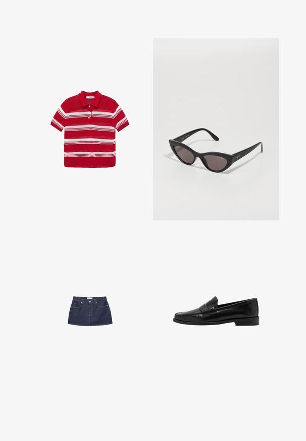 Kurze Jacke aus beigefarbenem Baumwollmaterial mit einem braunen Cordkragen, ausgestattet mit zwei aufgesetzten Taschen vorne und sichtbaren Nähdetails.; Rotes Poloshirt mit kurzen Ärmeln und weißen horizontalen Streifen sowie drei weißen Knöpfen auf der Vorderseite.; Dunkelblaute Denim-Minirock mit tailliertem Bund, Fronttaschen und einem Metallknopfverschluss. Glatte Textur und klassischer Schnitt.; Mango Slipper - black; Cat-Eye-Sonnenbrille mit mattem schwarzen Rahmen und dunklen Gläsern, mit "Vogue"-Branding an der Seite und einer markanten, eckigen Form.