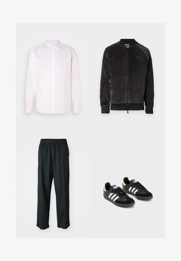 Črna velur bomber jakna z zadrgo, rebrastimi manšetami in stranskimi žepi. Ima subtilen logotip na prsih in kontrastne stranske panele.; Bela srajca z dolgimi rokavi in klasičnim ovratnikom, ki ima navpične pintuck detajle in gumbasto zapiranje spredaj.; Crne športne hlače z elastiko v pasu, narejene iz gladkega materiala, z diskretnim stranskim šivanjem in ohlapnim krojem ter ravnimi nogavicami.; Črne športne copate z zgornjim delom iz semiša in sintetičnih materialov, ki imajo tri bele črte, teksturiran gumijast podplat in modro označevalno oznako na jeziku.