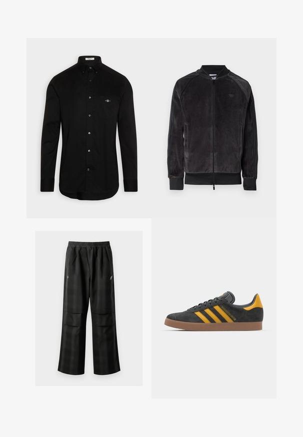 Schwarze Velours-Bomberjacke mit Reißverschluss, gerippten Bündchen und seitlichen Taschen. Sie verfügt über ein dezentes Logo auf der Brust und kontrastierende Seitenpaneele.; Schwarzes Hemd mit Knopfverschluss, aus Baumwolle gefertigt, mit spitzem Kragen, langen Ärmel und einer Brusttasche mit einem kleinen, farbigen Logo gestickt.; Schwarze karierte Hosen mit elastischem Bund, zwei Fronttaschen und lockerer Passform im geraden Beinschnitt. Hergestellt aus leichtem Material.; Schwarze Wildledersneaker mit gelben Akzenten, ausgestattet mit drei Streifen und einer braunen Gummisohle. Enthält eine gepolsterte Zunge für zusätzlichen Komfort.