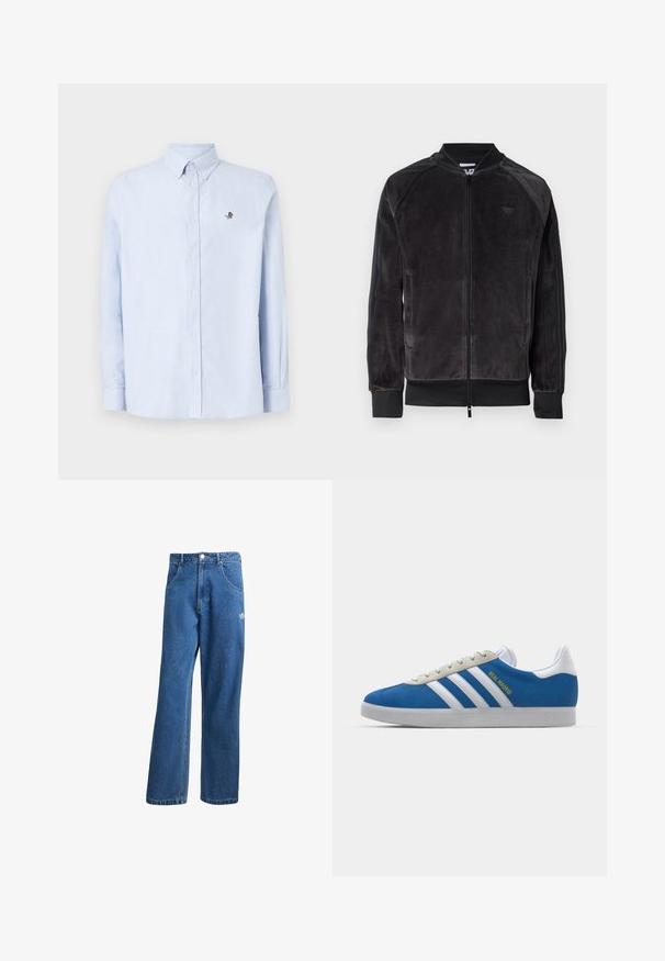 Črna velur bomber jakna z zadrgo, rebrastimi manšetami in stranskimi žepi. Ima subtilen logotip na prsih in kontrastne stranske panele.; Svetlo modra srajca s dolgimi rokavi, izdelana iz gladkega materiala, ima majhen vezen rožnato na levem prsnem delu.; Modre visoko pasu široke denim kavbojke z sprednjimi žepi, zankami za pas, gumbom za zapiranje in majhnim logotipom Adidas na desni stegno.; adidas Originals ADIDAS GAZELLE SHOES - Dvoranske nogometne kopačke - real madrid/bluebird/footwear white/crew yellow