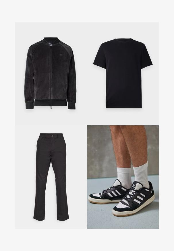 Veste bomber en velours noir avec fermeture zip, poignets côtelés et poches latérales. Présente un logo discret sur la poitrine et des panneaux latéraux contrastants.; T-shirt noir à manches courtes en coton lisse, avec un col rond et une coupe classique, sans motifs ni éléments visibles.; GAP STRAIGHT PERFORMANCE - Pantalon classique - true black; Baskets noir et blanc avec une tige en suède et cuir, comportant trois rayures blanches, un bout perforé et une semelle en caoutchouc gum.