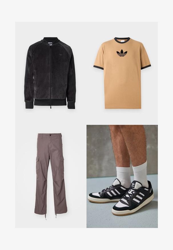 Juodas veliūro bomber tipo švarkas su užtrauktuku, gumuotomis rankovėmis ir šoninėmis kišenėmis. Dėka subtilaus logotipo ant krūtinės ir kontrastingų šoninių panelių.; Šviesiai ruda medvilninė marškinėliai su juodu kanalų apykaklė ir rankogaliais. Krūtinėje pateiktas juodas Adidas logotipas su trimis juostelėmis po juo.; Krovinių kelnės iš tekstūruoto taupe audinio, su keliais šoniais kišenėmis, tiesaus kirpimo ir reguliuojamomis juostelėmis ant apačios.; Juodos ir baltos sportinės bateliai su zomšiniu ir odiniu viršumi, su trimis baltomis juostelėmis, perforuota koja ir guminėmis padais.