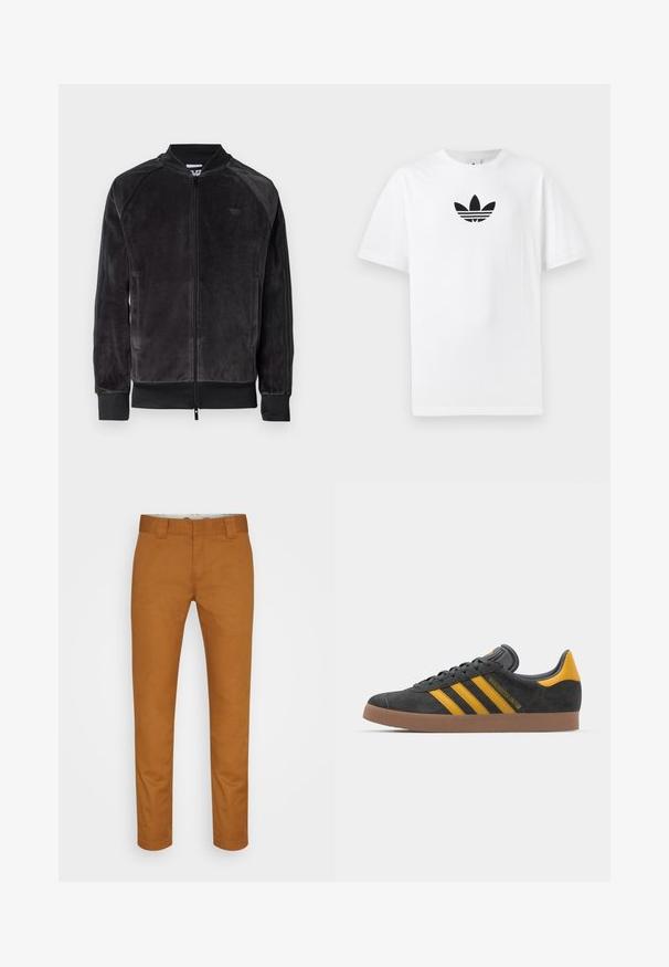 Jachetă bomber din velur negru cu închidere cu fermoar, manșete ribbate și buzunare laterale. Dispune de un logo subtil pe piept și panouri laterale contrastante.; Tricou alb din bumbac, având un logo Adidas negru în centrul său. Mâneci scurte și un design cu gât rotund. Textură fină.; Pantaloni din bumbac maro, cu croi drept, buzunare frontale și o textură curată și netedă. Prezintă urechi pentru curea și detalii de coasere discrete.; Tenisi negri din suede cu accente galbene, având trei dungi și o talpă din cauciuc maroniu. Include un limba căptușită pentru confort.