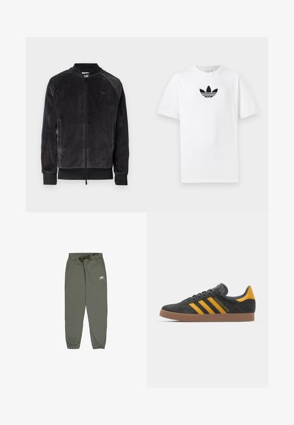 Black velour bomber jacket with zip closure, ribbed cuffs, and side pockets. Features a subtle logo on the chest and contrasting side panels.; White cotton T-shirt featuring a black Adidas logo at the center. Short sleeves and a crew neck design. Smooth texture.; Green jogger pants made of soft fabric, featuring an elastic waistband with a drawstring, side pockets, and a small white logo on the thigh.; Black suede sneaker with yellow accents, featuring three stripes and a brown rubber sole. Includes a padded tongue for comfort.