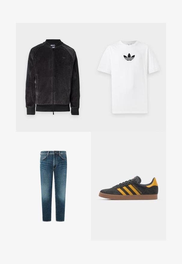 Juodas veliūro bomber tipo švarkas su užtrauktuku, gumuotomis rankovėmis ir šoninėmis kišenėmis. Dėka subtilaus logotipo ant krūtinės ir kontrastingų šoninių panelių.; Baltas medvilnės marškinėliai su juodu Adidas logo centre. Trumpomis rankovėmis ir apvalia kaklo iškirpte. Lygus audinys.; Džinsai su vidutiniu mėlynu plovimu, tiesaus kirpimo, penkių kišenių dizainu ir kontrastingomis siūlėmis. Švarus apdaila apačioje.; Juodas zomšinės sportbačiai su geltonais akcentais, turintys tris juosteles ir rudą gumos padą. Apima paminkštintą liežuvėlį patogumui.