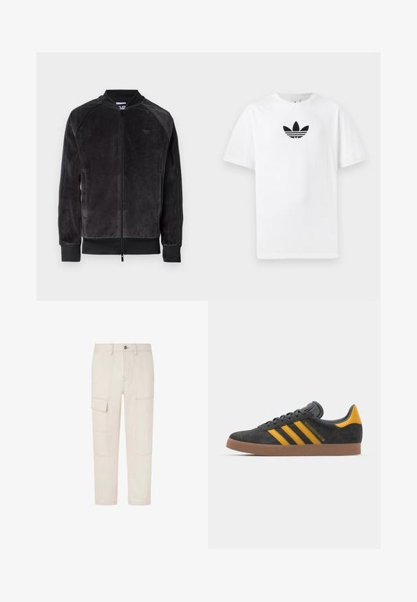 Must musta bomber jakk, millel on tõmblukk, soonikkoes mansetid ja küljetaskud. Omab kerget logo rinnal ja kontrastseid külgpaneele.; Valge puuvillane T-särk, millel on must Adidas logo keskel. Lühikesed varrukad ja ümmargune kaelus. Sile tekstuur.; Heledad beez värvi cargo püksid mitme tasku, sirge lõikega disain, nähtavad õmblused ja nööbiga kinnitamine vöökohtadel.; Mustad sametist spordijalatsid kollaste aktsentidega, millel on kolm triipu ja pruun kummitald. Mugavuse tagamiseks on neil pehmendatud keele osa.
