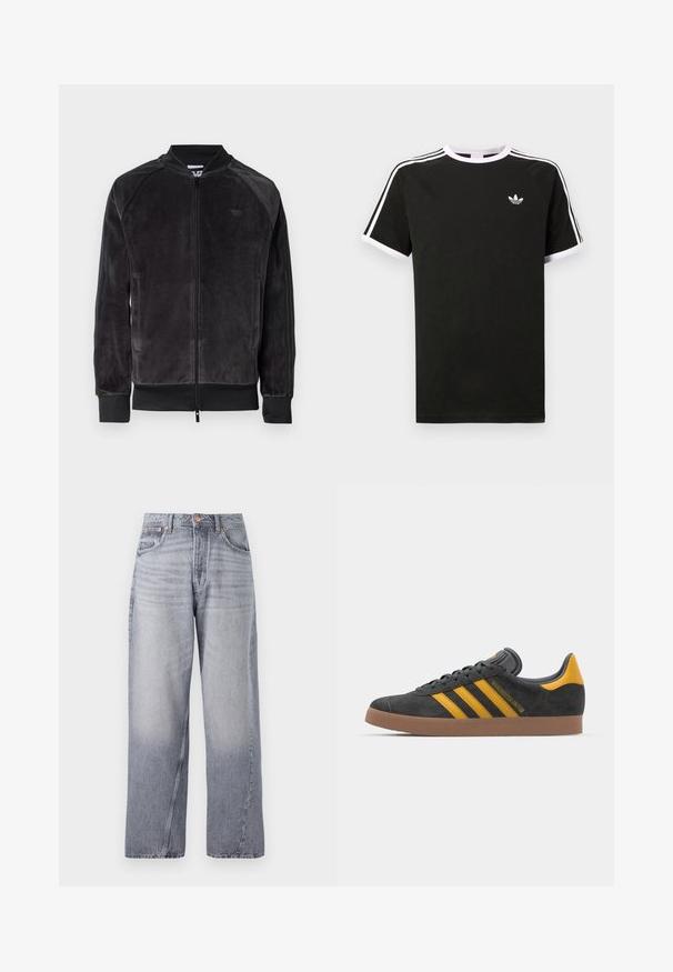 Černá velurová bomber bunda se zapínáním na zip, žebrovanými manžetami a bočními kapsami. Vybavena decentním logem na prsou a kontrastními bočními panely.; Černé tričko vyrobené z bavlny s bílými akcenty. Má krátké rukávy, raglánový střih a malé logo na hrudi. Tři bílé pruhy na ramenou.; Světle modré, široké džíny z denimu s vybledlým vzhledem, pět kapsami a viditelným šitím. Obsahují měděný knoflík a zip.; Černé semišové tenisky se žlutými akcenty, vybavené třemi pruhy a hnědou gumovou podrážkou. Obsahují polstrovaný jazyk pro pohodlí.
