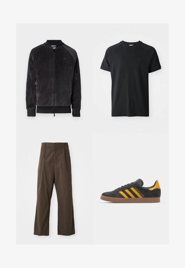 Black velour bomber jacket with zip closure, ribbed cuffs, and side pockets. Features a subtle logo on the chest and contrasting side panels.; Black cotton t-shirt with a crew neck, short sleeves, and raglan design. Features a textured logo on the left chest. Smooth finish.; Brown, wide-leg trousers made of cotton with a front button closure, belt loops, and a smooth, matte texture.; Black suede sneaker with yellow accents, featuring three stripes and a brown rubber sole. Includes a padded tongue for comfort.