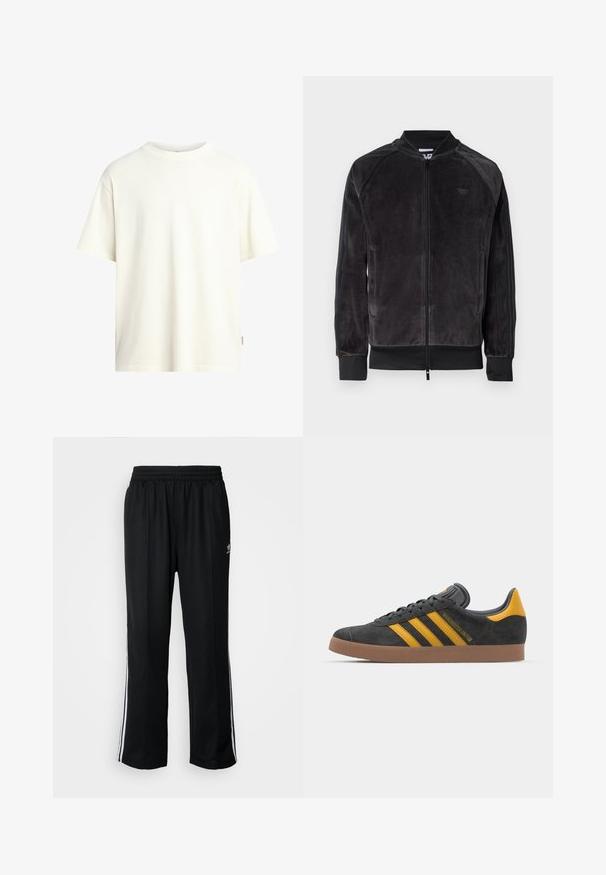 Black velour bomber jacket with zip closure, ribbed cuffs, and side pockets. Features a subtle logo on the chest and contrasting side panels.; Short-sleeve, crew-neck t-shirt in off-white, made of soft cotton, featuring a straight cut and minimalistic design with no patterns.; Black athletic pants with an elastic waistband, featuring white side stripes and a small logo. Material appears soft and lightweight.; Black suede sneaker with yellow accents, featuring three stripes and a brown rubber sole. Includes a padded tongue for comfort.