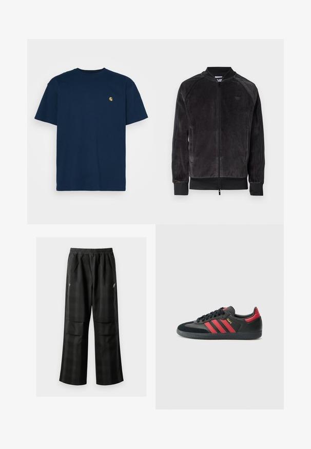 Sort velour bomberjakke med lynlås, ribbede ærmer og sidelommer. Har et diskret logo på brystet og kontrasterende sidepaneler.; Carhartt WIP CHASE - T-shirts basic - mizar/gold; Sorte ternede bukser med elastisk talje, to forlommer og en løs pasform med lige ben. Fremstillet af letvægtsmateriale.; Sorte sneakers med røde striber, lavet af ruskind og lædermaterialer, rund tå, flade snørebånd, struktureret gummisål og detaljer i guld.