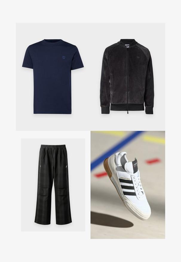 Jachetă bomber din velur negru cu închidere cu fermoar, manșete ribbate și buzunare laterale. Dispune de un logo subtil pe piept și panouri laterale contrastante.; Tricou din bumbac de culoare albastru marin, cu guler rotund, mâneci scurte și un mic logo brodat pe piept. Textură netedă, croială regulară.; Pantaloni cu un model carourile negre, având talie elastică, două buzunare frontale și un croi lejer cu picioare drepte. Construiți dintr-un material ușor.; Sneaker alb Adidas Mundial Goal cu dungi negre și talpă din cauciuc, prezentat în aer deasupra unei suprafețe de teren sportiv cu linii colorate.