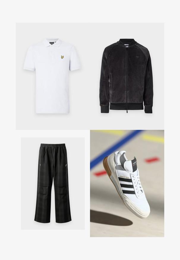 Černá velurová bomber bunda se zapínáním na zip, žebrovanými manžetami a bočními kapsami. Vybavena decentním logem na prsou a kontrastními bočními panely.; Bílá polo košile z bavlny. Má límec, tři knoflíky a žluté vyšívané logo na levé straně hrudi. Krátké rukávy.; Černé kostkované kalhoty s elastickým pasem, dvěma předními kapsami a volným střihem se rovnými nohavicemi. Vyrobeny z lehkého materiálu.; Bílé tenisky Adidas Mundial Goal s černými pruhy a gumovou podrážkou, zobrazené ve vzduchu nad sportovním hřištěm s barevnými čarami.