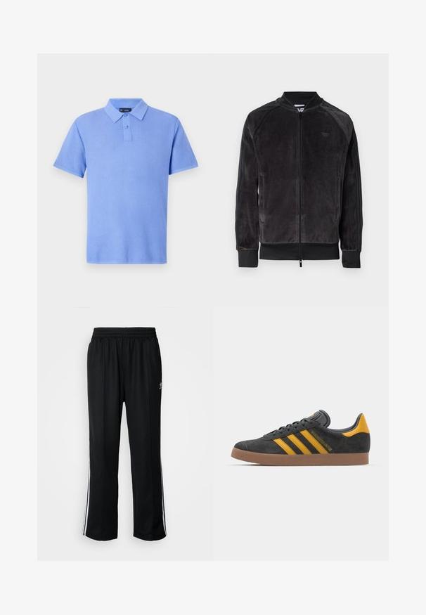 Čierna velúrová bomber bunda so zipsom, rebrovanými manžetami a bočnými vreckami. Obsahuje decentné logo na hrudi a kontrastné bočné panely.; Polo tričko v svetlomodrej farbe, krátke rukávy, textúrovaná pletenina, s trojicou gombíkov, s golierom a bez ďalších vzorov alebo akcentov.; Čierne športové nohavice s elastickým pásom, s bielymi bočnými prúžkami a malým logom. Materiál vyzerá byť mäkký a ľahký.; Čierne semišové tenisky so žltými akcentmi, ktoré majú tri pruhy a hnedú gumovú podrážku. Obsahujú vypolstrovaný jazyk pre pohodlie.