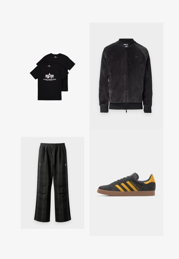Black velour bomber jacket with zip closure, ribbed cuffs, and side pockets. Features a subtle logo on the chest and contrasting side panels.; Black cotton t-shirts featuring a white logo with an "A" and three stripes beneath. Crew neck and short sleeves, displayed in a stacked position.; Black plaid pants featuring an elastic waistband, two front pockets, and a loose fit with a straight leg design. Made from lightweight material.; Black suede sneaker with yellow accents, featuring three stripes and a brown rubber sole. Includes a padded tongue for comfort.