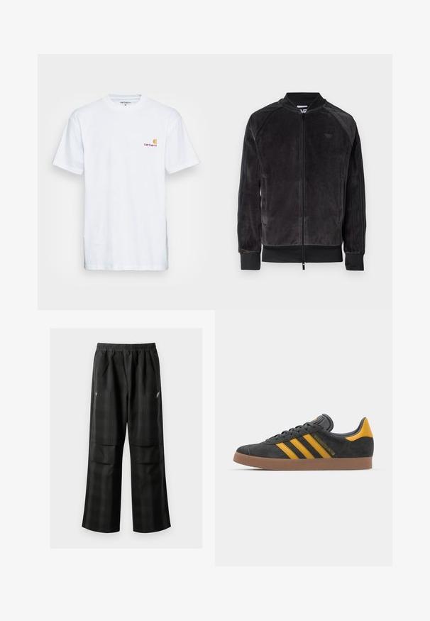 Black velour bomber jacket with zip closure, ribbed cuffs, and side pockets. Features a subtle logo on the chest and contrasting side panels.; White cotton t-shirt with short sleeves. Designed with a small orange and maroon logo on the left chest. Features a classic crew neck.; Black plaid pants featuring an elastic waistband, two front pockets, and a loose fit with a straight leg design. Made from lightweight material.; Black suede sneaker with yellow accents, featuring three stripes and a brown rubber sole. Includes a padded tongue for comfort.