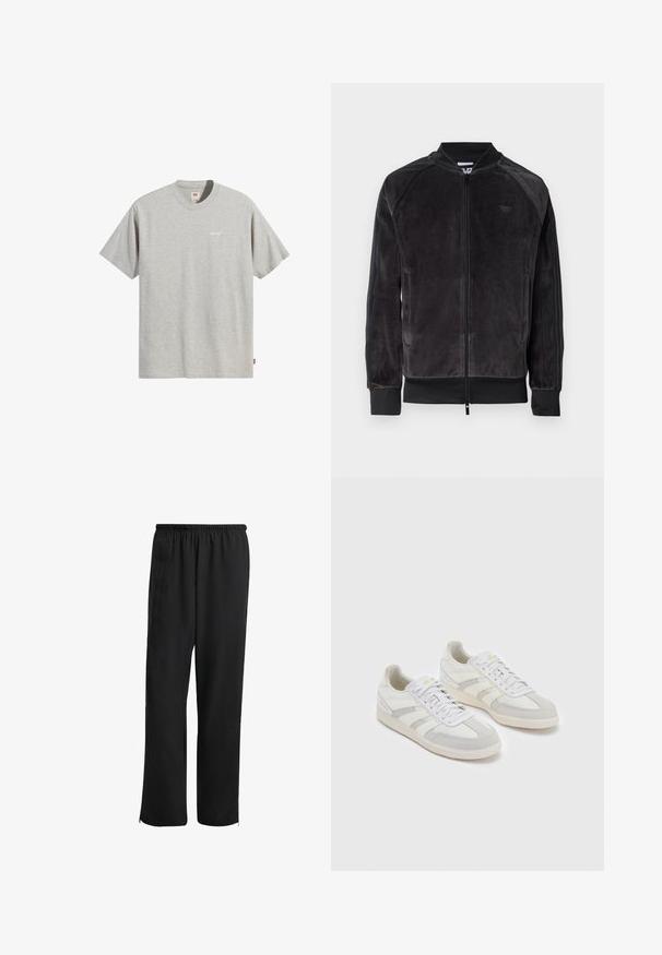 Czarna kurtka bomberka z weluru, zapinana na zamek, z prążkowanymi mankietami i bocznymi kieszeniami. Posiada subtelne logo na piersi oraz kontrastujące panele boczne.; Szara bawełniana koszulka z okrągłym dekoltem, krótkimi rękawami oraz małym białym logo "Levi's" na piersi. Prosty i prostoliniowy krój.; Czarne spodnie sportowe z elastycznym pasem, prostym krojem nogawek, bocznymi kieszeniami i suwakiem przy mankietach, wykonane z gładkiego, lekkiego materiału.; Białe sneakersy z jasnoszarymi zamszowymi akcentami i paskami, z teksturowaną górną częścią, płaskimi sznurowadłami i gumową podeszwą.